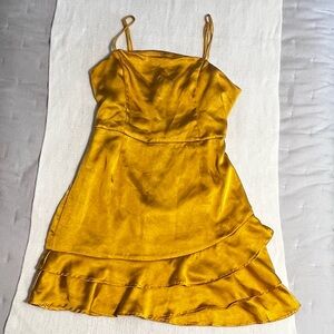 Lulu's Gold Tiered Ruffle Midi Sundress